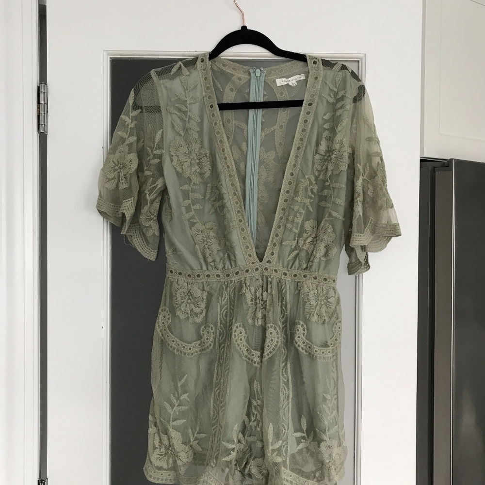 Honey Punch Sage Green Lacy Romper- size large